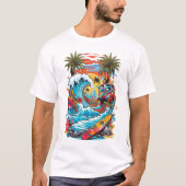 Design Surf Van Pop Art Vague Géante et Fleurs Tシャツ (正面)