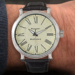 Design with Name Printed on the Dial 腕時計<br><div class="desc">Stylish personalised watch. A watch that is designed as a gift for someone who will appreciate having their name on the dial In this example the watch is shown with the name Robert. Add Surname too. Parchment style background gives this a classic feel which is enhanced by the roman numerals...</div>