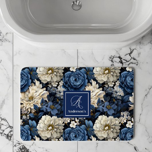 Designer Blue Flowers Personalized Bath Mat バスマット