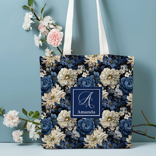 Designer Blue Flowers Personalized Tote Bag トートバッグ