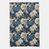 Designer Blue Ivory Floral Chic Kitchen Towel キッチンタオル (縦)