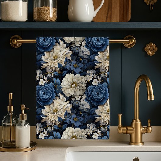 Designer Blue Ivory Floral Chic Kitchen Towel キッチンタオル