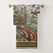 Designer Brocade in Brown、ティール(緑がかった色)、および金ゴールド バスタオルセット (インサイチュ)