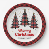 Designer Plaid Christmas Tree Custom Name Paper  ペーパープレート (正面)