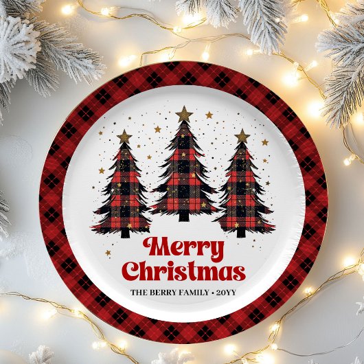 Designer Plaid Christmas Tree Custom Name Paper  ペーパープレート