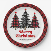 Designer Plaid Tree Holiday Custom Name Paper  ペーパープレート (正面)