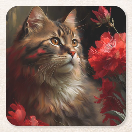 Dessous de verre chat fleur スクエアペーパーコースター (正面)