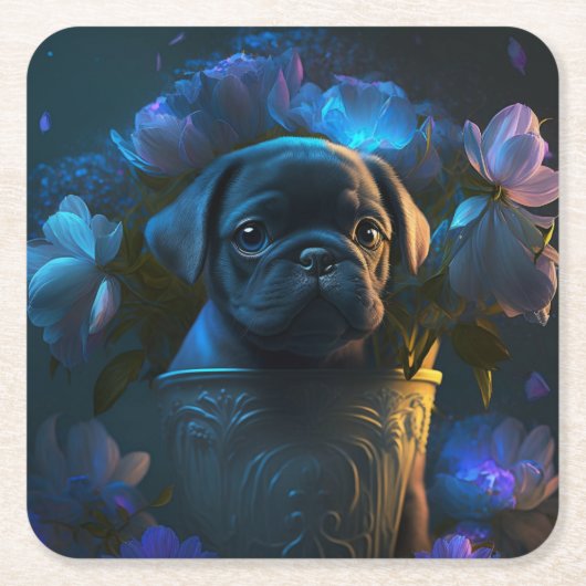 Dessous de verre chien fleur スクエアペーパーコースター (正面)