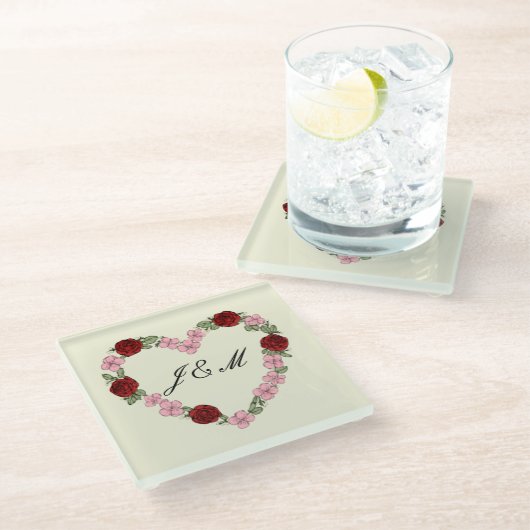 Dessous de verre crème avec un cœur rose et rouge ガラスコースター (アングル)