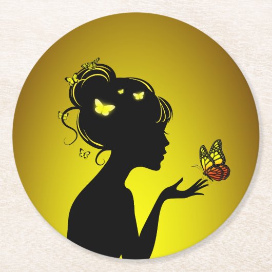 Dessous-de-verre En Papier Femme papillons jaunes ラウンドペーパーコースター (正面)