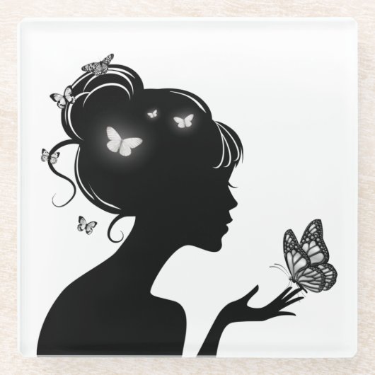 Dessous-de-verre En Verre femme papillons blancs ガラスコースター (正面)