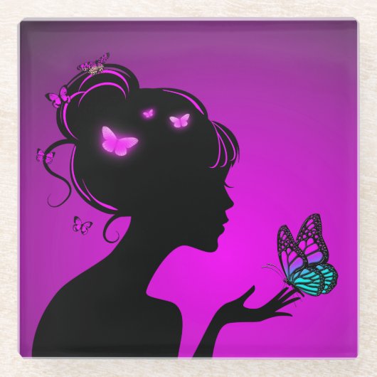 Dessous-de-verre En Verre femme papillons violets ガラスコースター (正面)