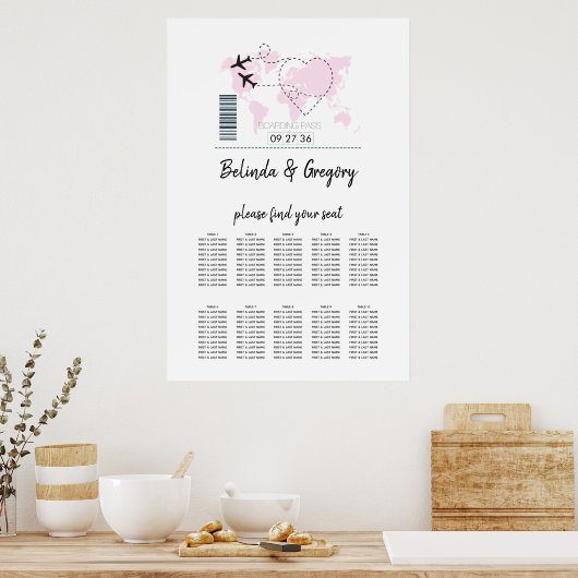 Destination Boarding Pass Wedding Seating Chart ポスター (キッチン)