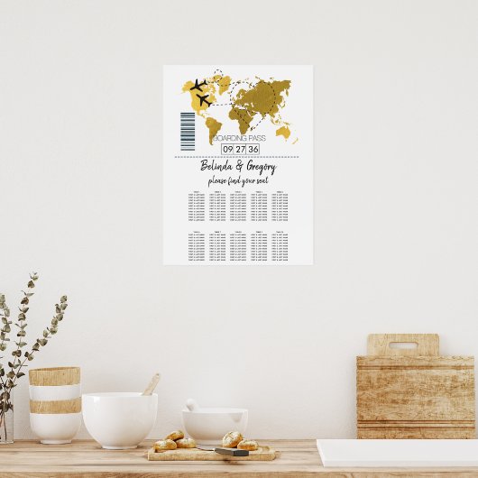 Destination Boarding Pass Wedding Seating Chart ポスター (キッチン)