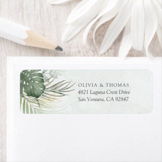 Destination Green Watercolor Palm Leaves Wedding ラベル (インサイチュ)
