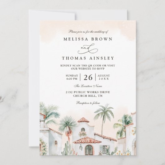 Destination Mexican Tropical Palm QR Code Wedding 招待状 (正面)