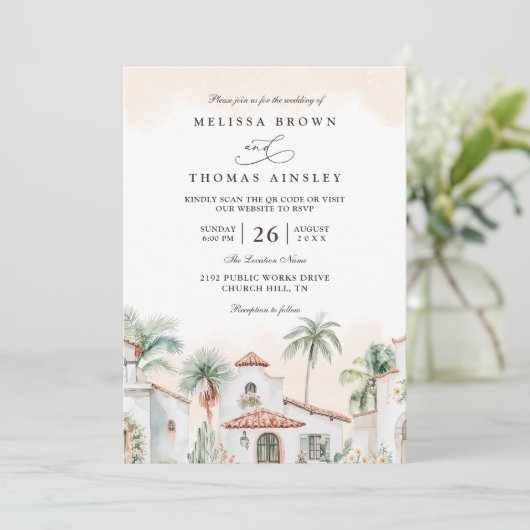 Destination Mexican Tropical Palm QR Code Wedding 招待状 (スタンド正面)