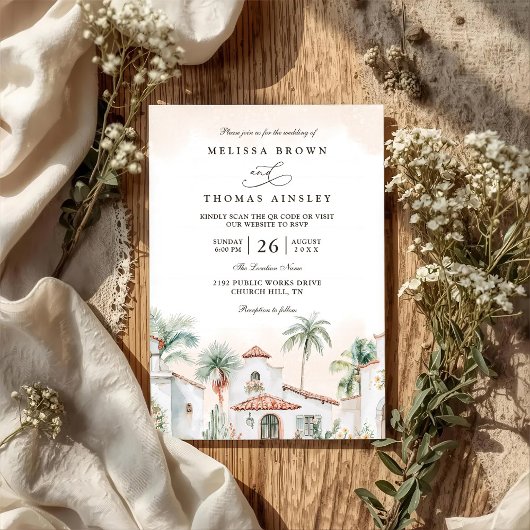 Destination Mexican Tropical Palm QR Code Wedding 招待状