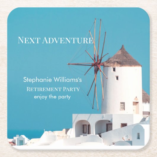 Destination Retirement Party Greek White Blue  スクエアペーパーコースター (正面)