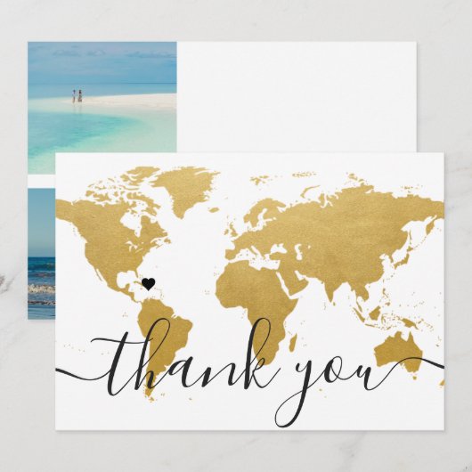 Destination Wedding金ゴールド結婚 World Map's Photo サンキューカード (正面/裏面)