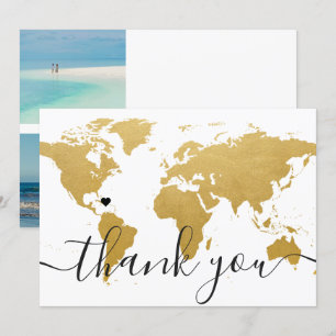 Destination Wedding金ゴールド結婚 World Map's Photo サンキューカード