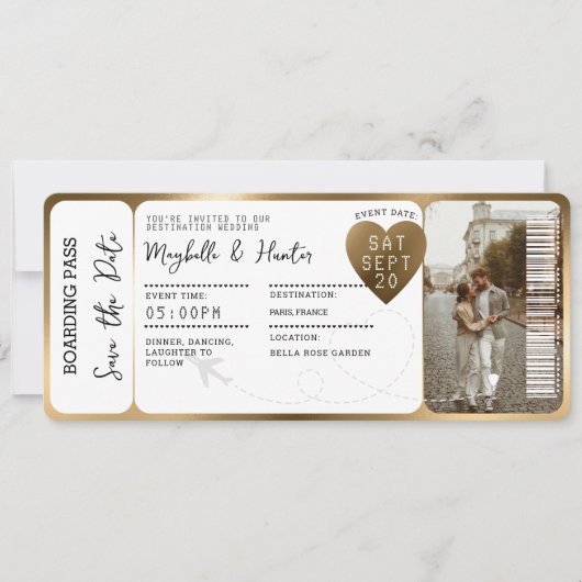Destination Wedding Boarding Pass Gold Ticket QR 招待状 (正面)
