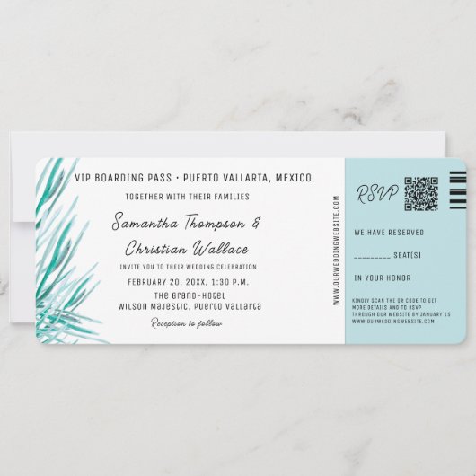 Destination Wedding Boarding Pass Tropical palm 招待状 (正面)