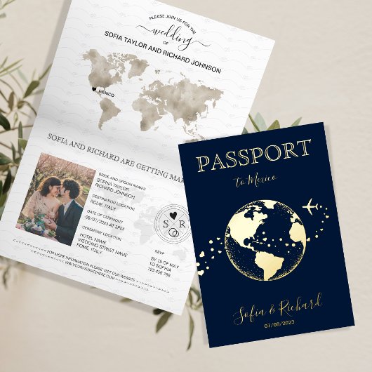 Destination Wedding World Globe モダン Passport 箔グリーティングカード