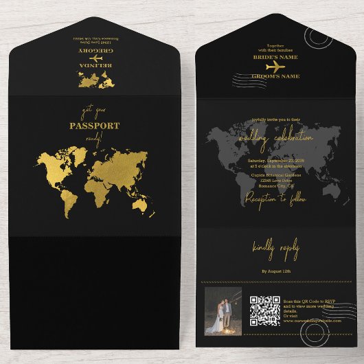 Destination Wedding World Passport Black Gold オールインワン招待状