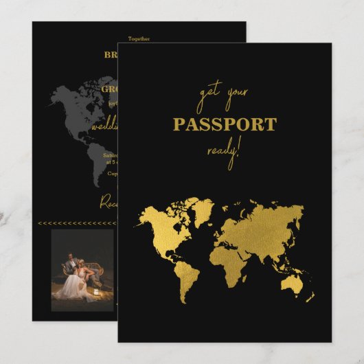 Destination Wedding World Passport Black Gold 招待状 (正面/裏面)