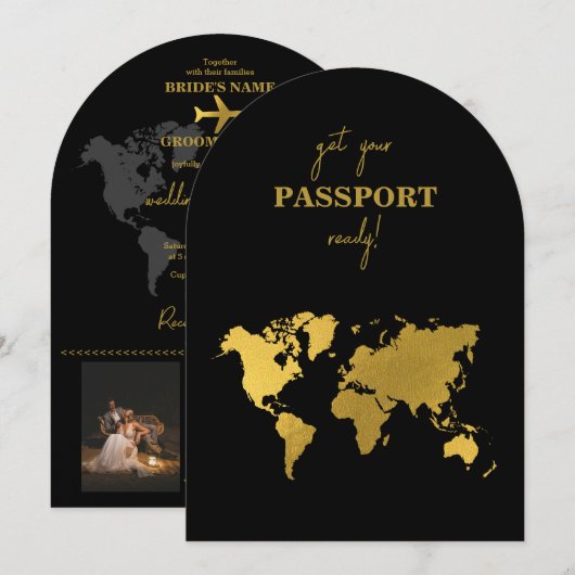 Destination Wedding World Passport Black Gold 招待状 (正面/裏面)