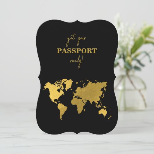 Destination Wedding World Passport Black Gold 招待状 (スタンド正面)