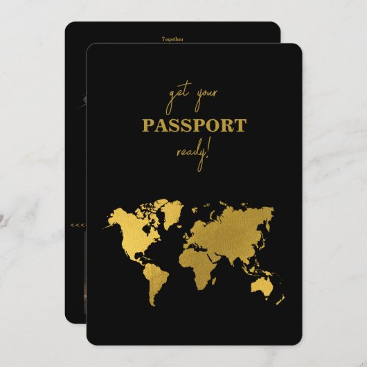 Destination Wedding World Passport Black Gold 招待状 (正面/裏面)