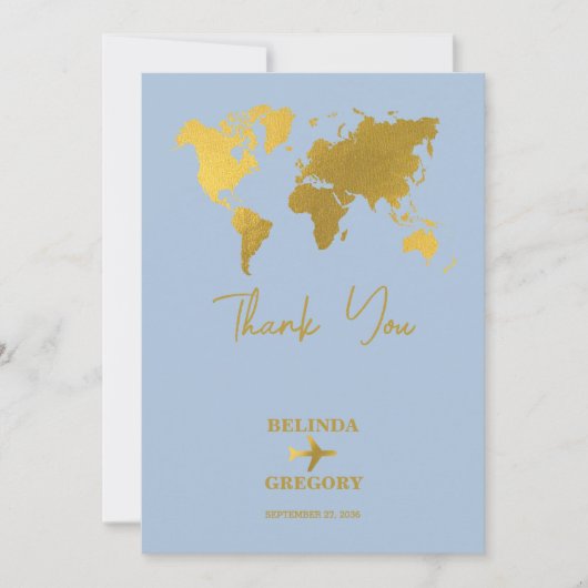 Destination Wedding World Passport Dusty Blue Gold サンキューカード (正面)