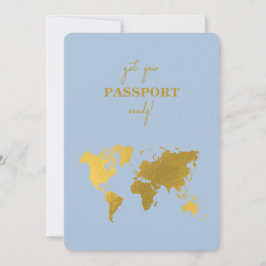 Destination Wedding World Passport Dusty Blue Gold 招待状