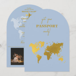 Destination Wedding World Passport Dusty Blue Gold 招待状