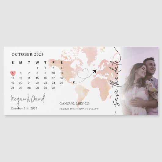 Destination World Map Calendarハートの写真結婚 マグネット招待状 (正面)