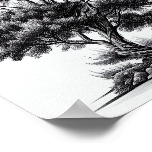 Detailed Black And White Tree Sketch ポスター (角)