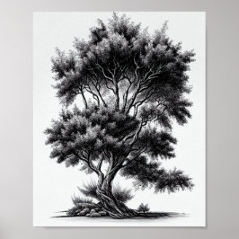 Detailed Black And White Tree Sketch ポスター