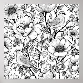 Detailed Folk Flora Scroll Decoupage Template Line ポスター