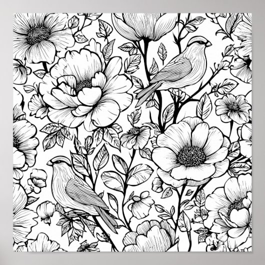 Detailed Folk Flora Scroll Decoupage Template Line ポスター (正面)