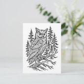 Detailed Horned Owl in Pine Forest Line Art ポストカード (スタンド正面)