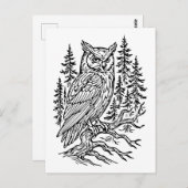 Detailed Horned Owl in Pine Forest Line Art ポストカード (正面/裏面)