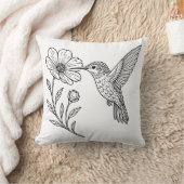 Detailed Hummingbird Line Art with Wildflower クッション (ブランケット)