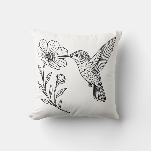 Detailed Hummingbird Line Art with Wildflower クッション (正面)