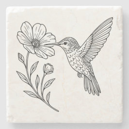 Detailed Hummingbird Line Art with Wildflower ストーンコースター