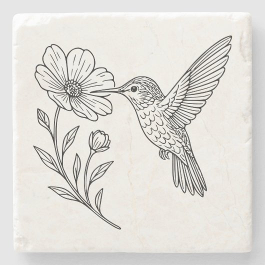 Detailed Hummingbird Line Art with Wildflower ストーンコースター (正面)