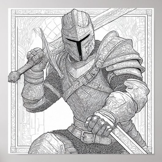 Detailed Knight in Full Armor - Coloring Page ポスター (正面)