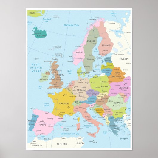 Detailed Map of Europe Continent ポスター (正面)