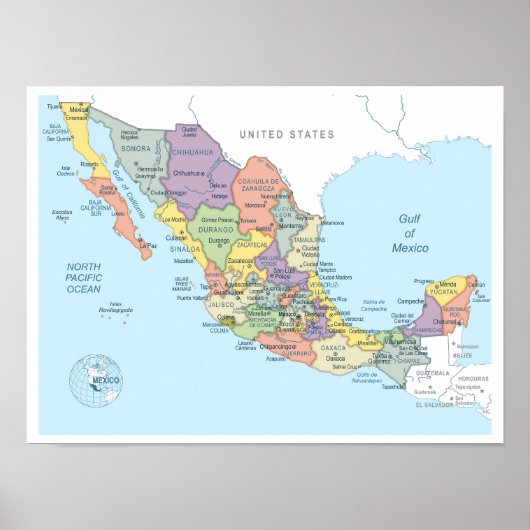 Detailed map of Mexico Regions ポスター (正面)